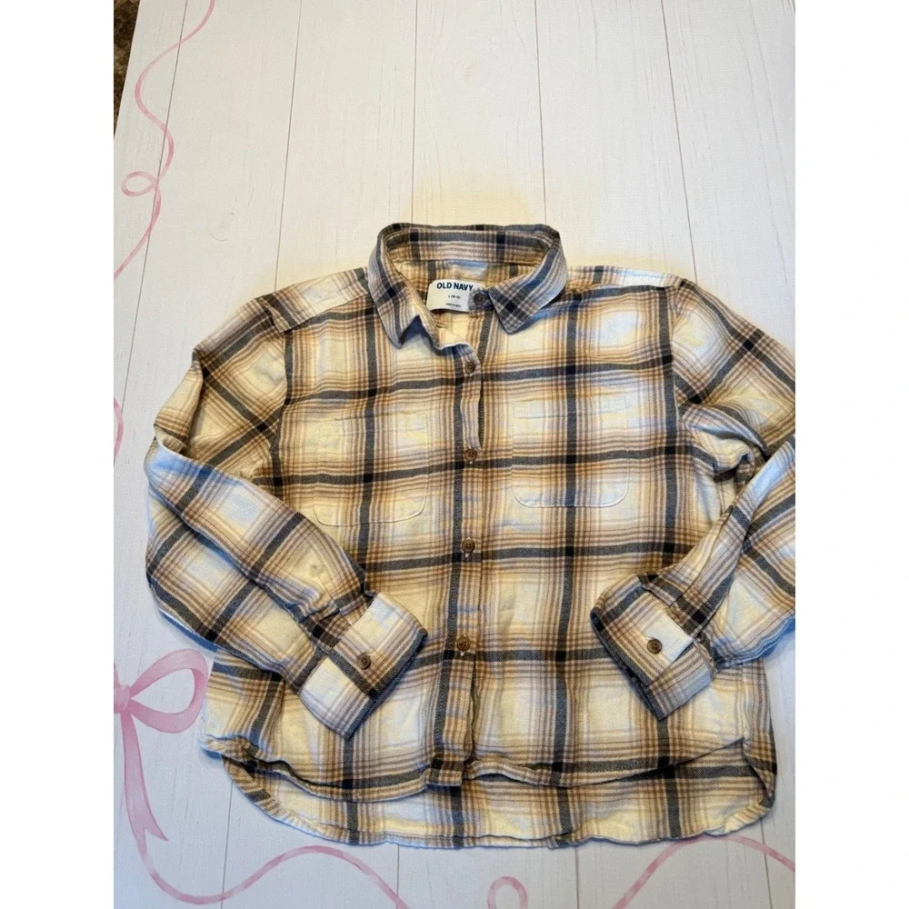 Old Navy Girls Cream/Tan Flannel Shirt Size L